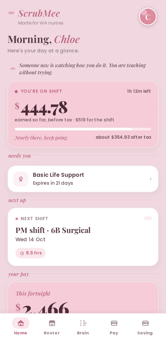ScrubMee home: shift pay so far, a cert expiring soon, the next shift
