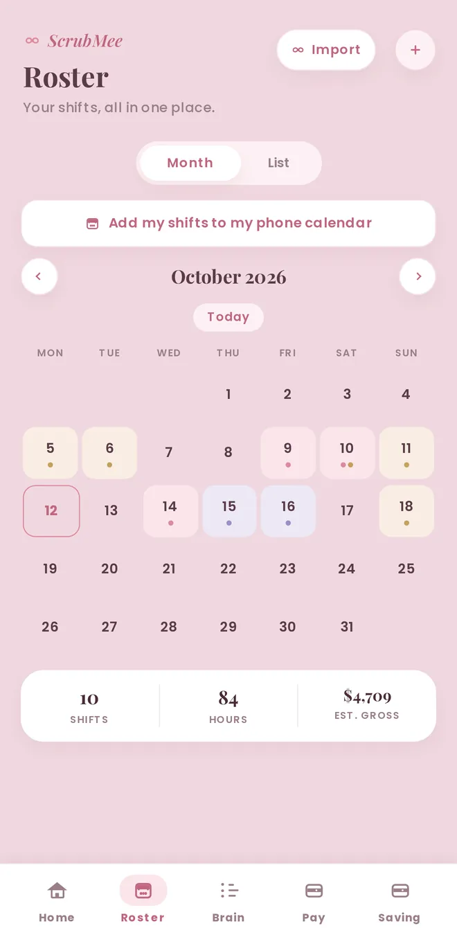 Roster tab: the month with every shift